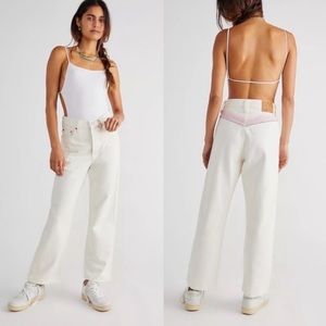 Levi’s Ribcage High Rise Straight Ecru Jeans Rainbow Stitching in Back